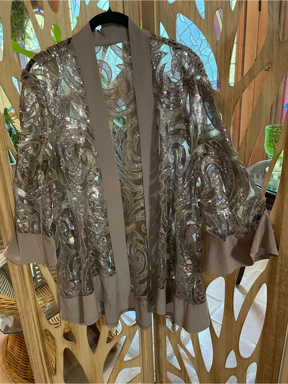 R&M Richards Taupe and Silver Sequin Open Front Jacket